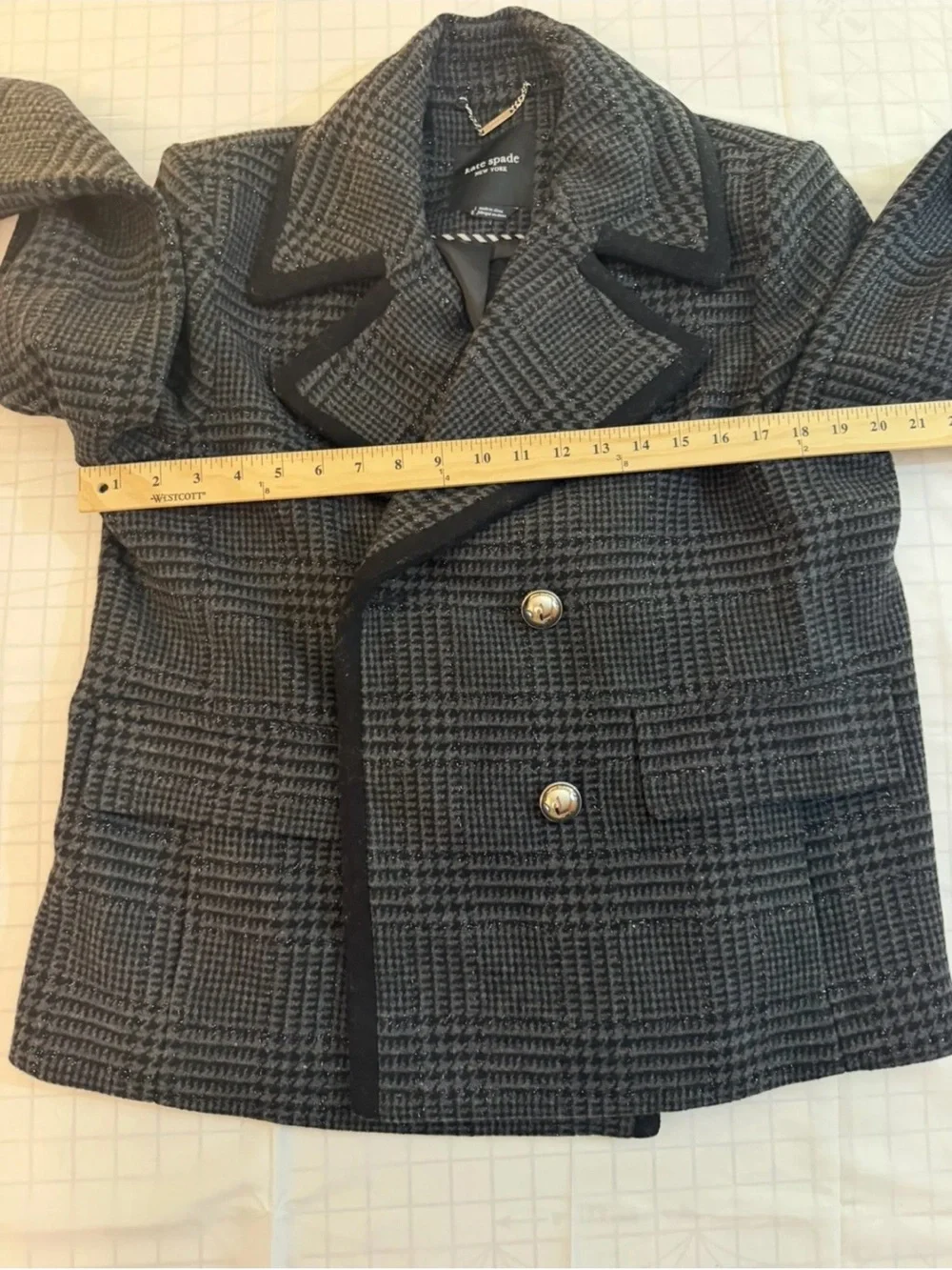 kate spade Black and Gray Plaid Double-Breasted Peacoat